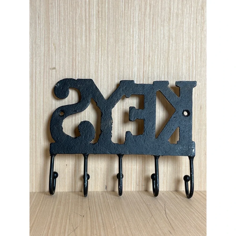 Vintage Cast Iron Wall Mounted Key Rack 5 Hook Entryway Organizer Black Rustic